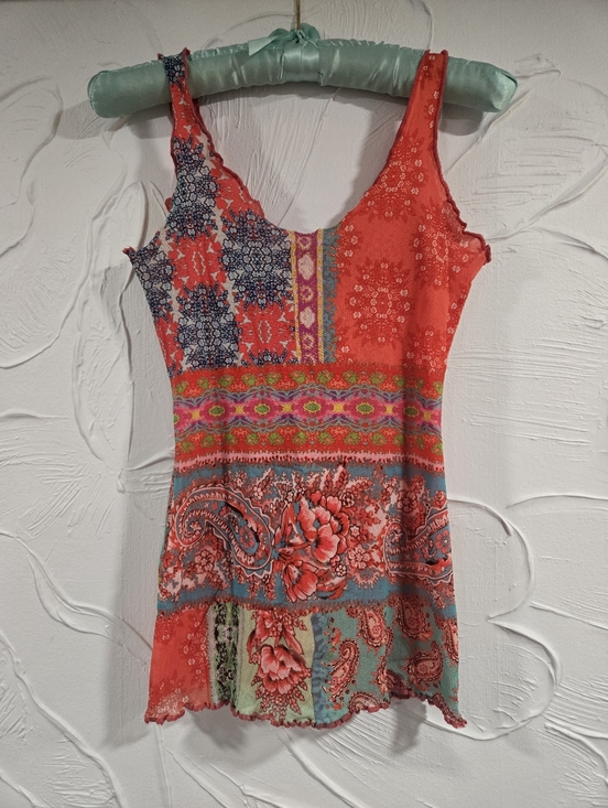 Fuzzi Tops - Fuzzi• Y2K Vintage Boho Floral Patchwork Coral Multi Color Tank Top. Sz L